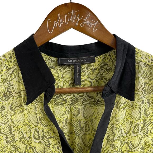 BCBG Maxazria Silk Blouse Top Print Green Black Semi Sheer Small - Picture 2 of 9